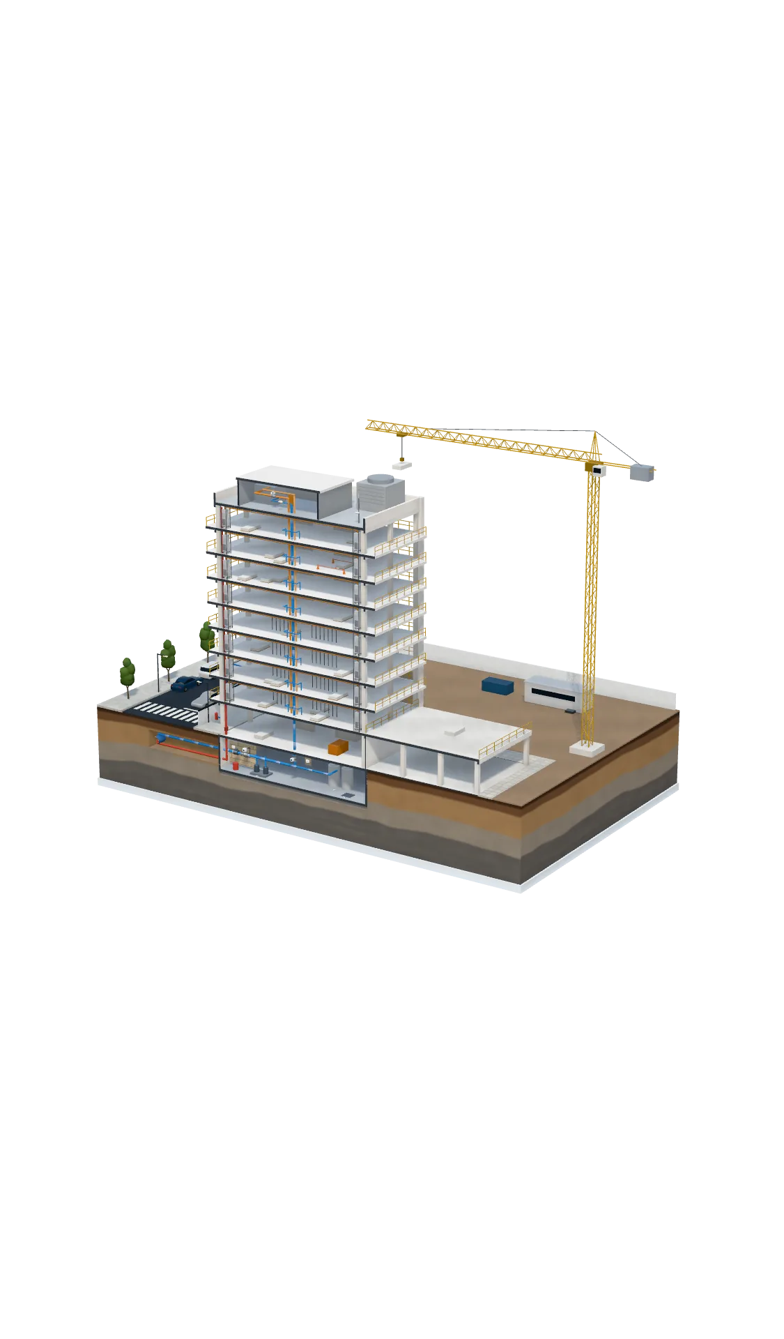 Cutaway model of a building under construction with a tower crane, showing Eddy shutoff on the domestic main and temporary site water, and sensors at risers and open floors