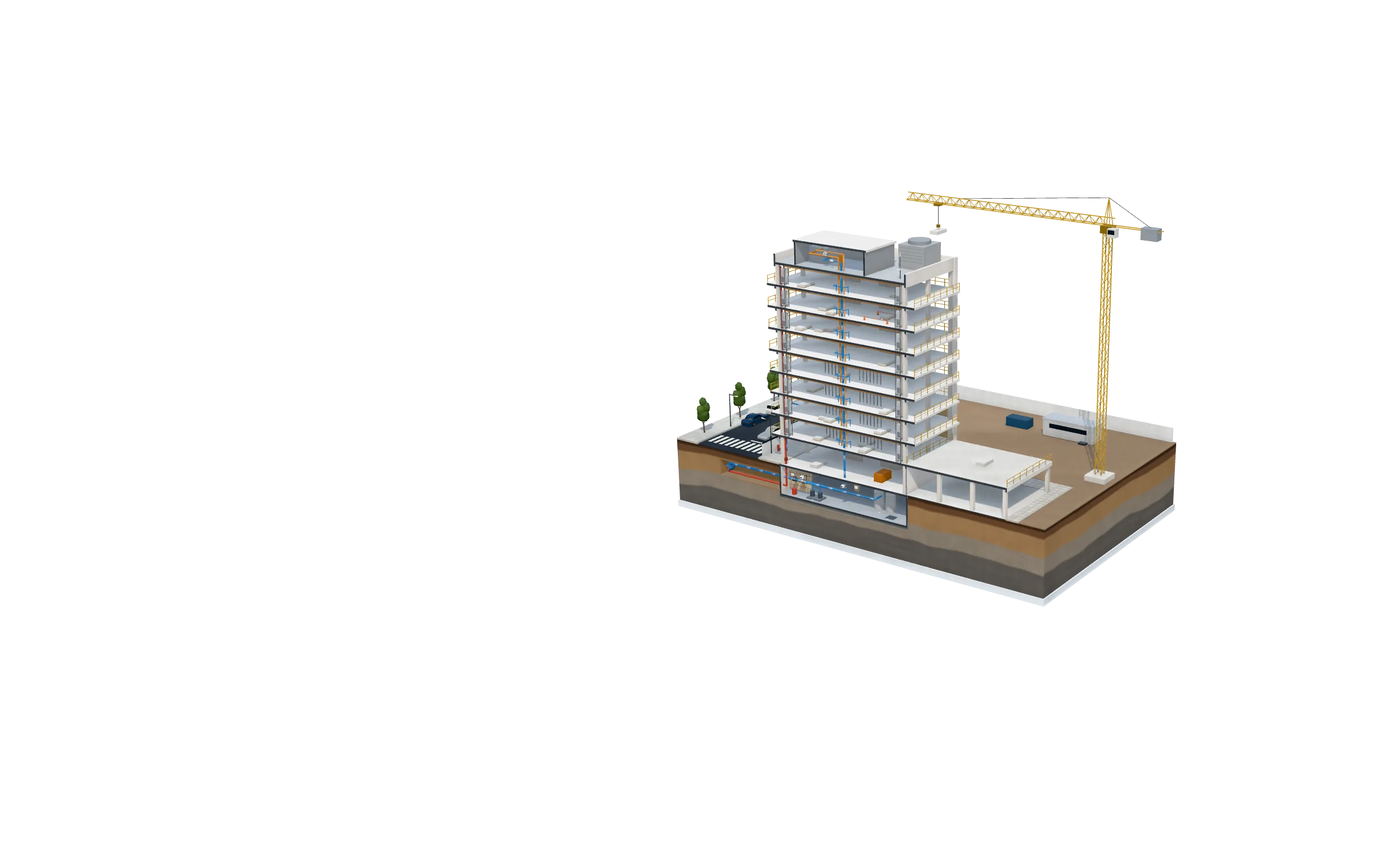 Cutaway model of a building under construction with a tower crane, showing Eddy shutoff on the domestic main and temporary site water, and sensors at risers and open floors