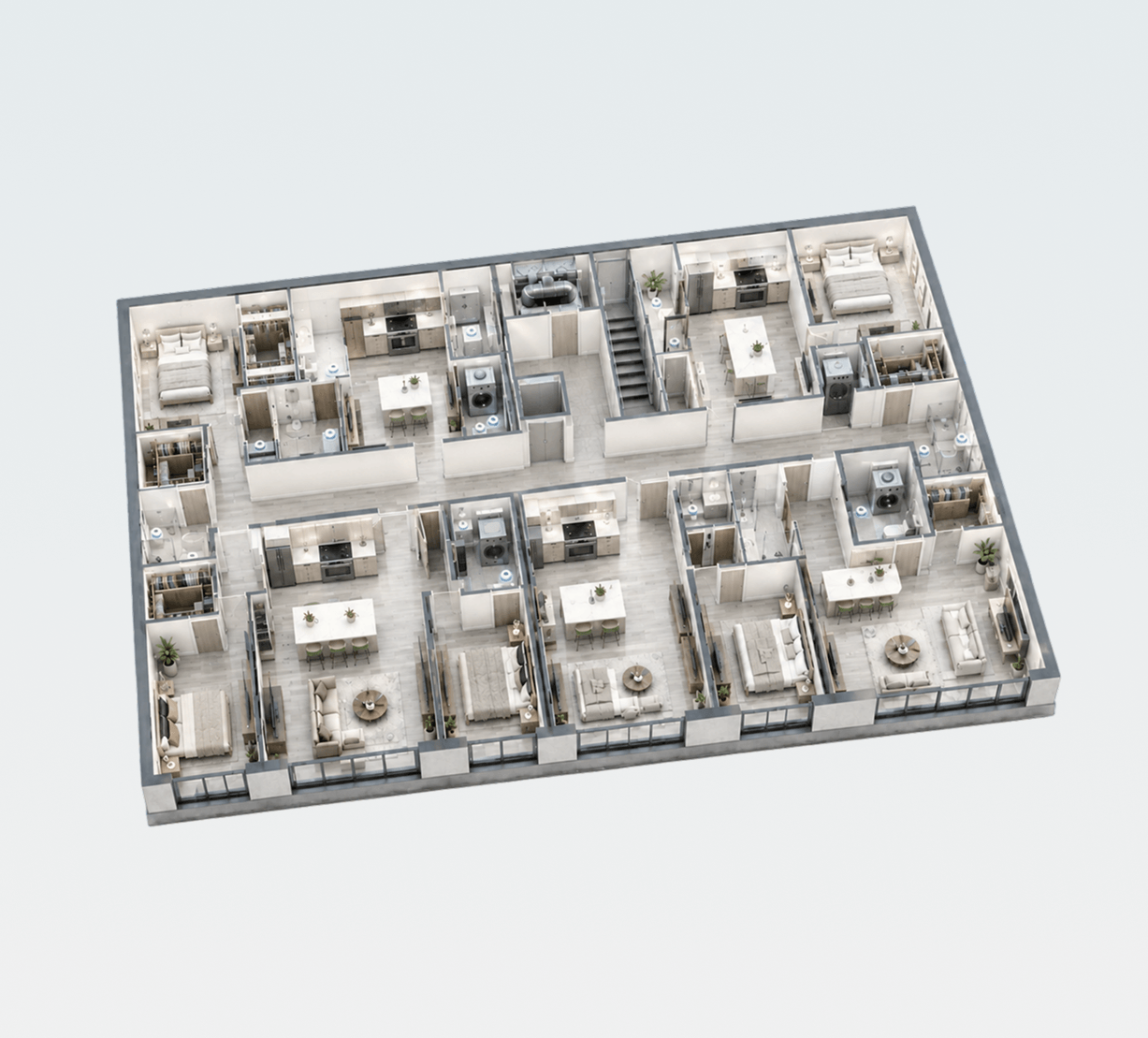 Top-down cutaway of a furnished residential floor with Eddy water sensors at suite kitchens, bathrooms, laundry and the mechanical core