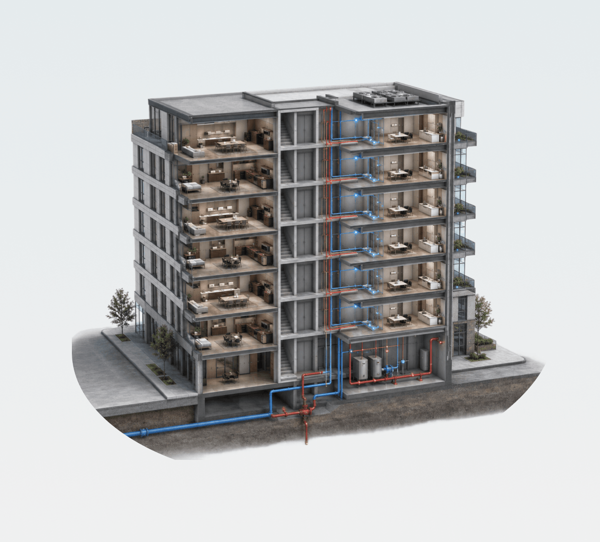 Cutaway of an occupied mid-rise showing Eddy shutoff on the domestic main and risers, in-suite meters and the basement mechanical room
