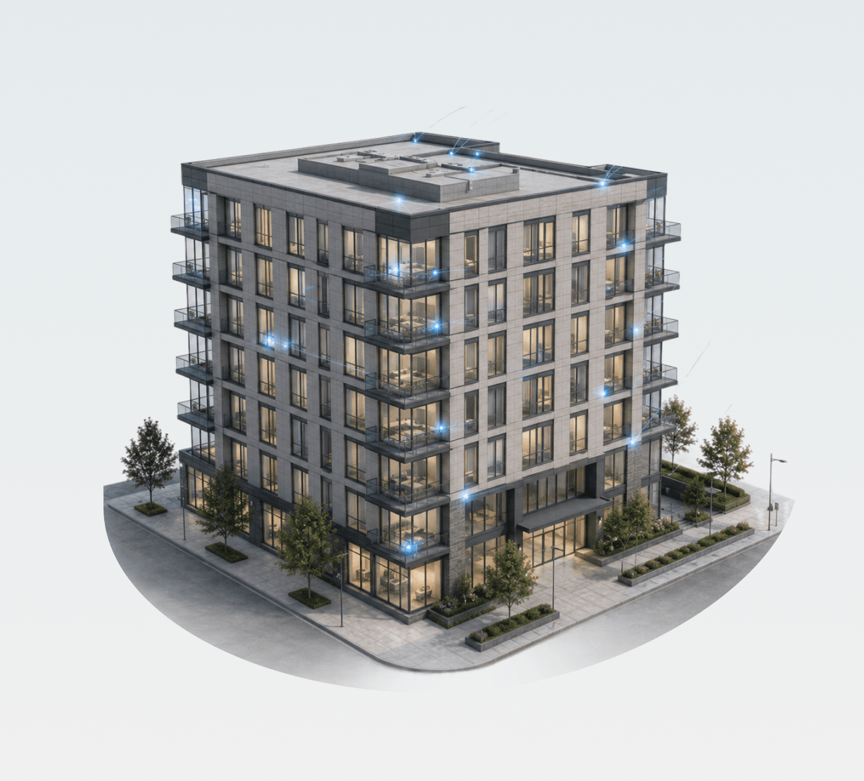 Finished mid-rise at dusk with Eddy gateways on every floor relaying to the 24/7 monitoring center